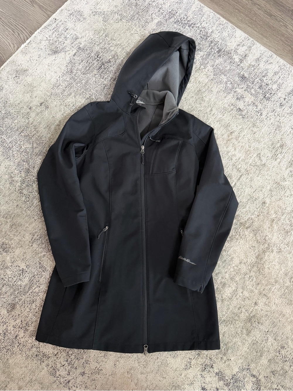 Eddie Bauer Black Hooded Long Softshell Trench Coat